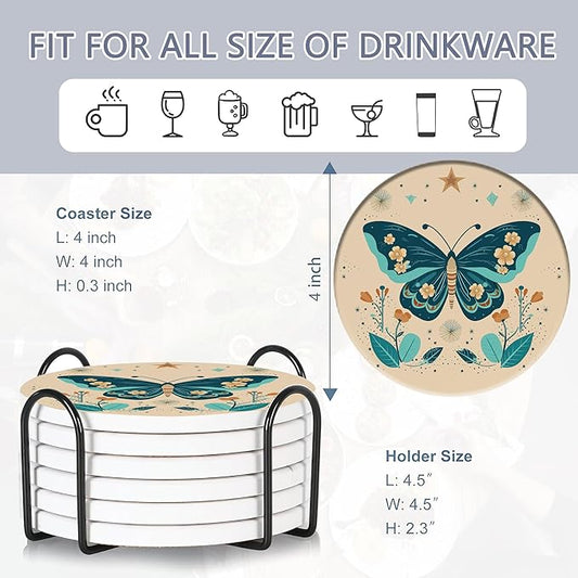 Coaster for Drinks Set of 6, Boho Butterfly Flower Absorbing Round Ceramic Stone Coaster with Cork Base,Tabletop Protection Mat for Mugs and Cups,Coffee Table Wine Glass Home Bar 4 Inch