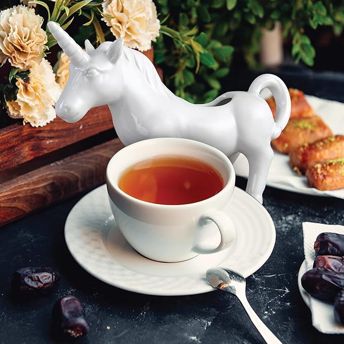 HIC Kitchen Unicorn Creamer With Handle, Fine Porcelain, 4-Ounce, For Serving Milk, Cream, Syrup, Dressings, And Sauces