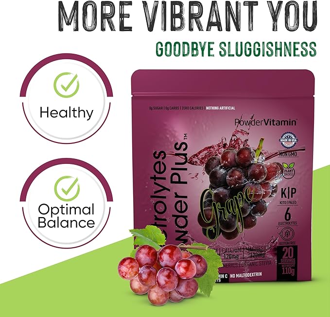 PowderVitamin Electrolytes Powder Plus (20 Servings) Grape Electrolyte Powder Zero Calorie Keto,0 Sugar, No Maltodextrin,1000mg Potassium,120mg Calcium,120mg Magnesium, Pink Himalayan Salt