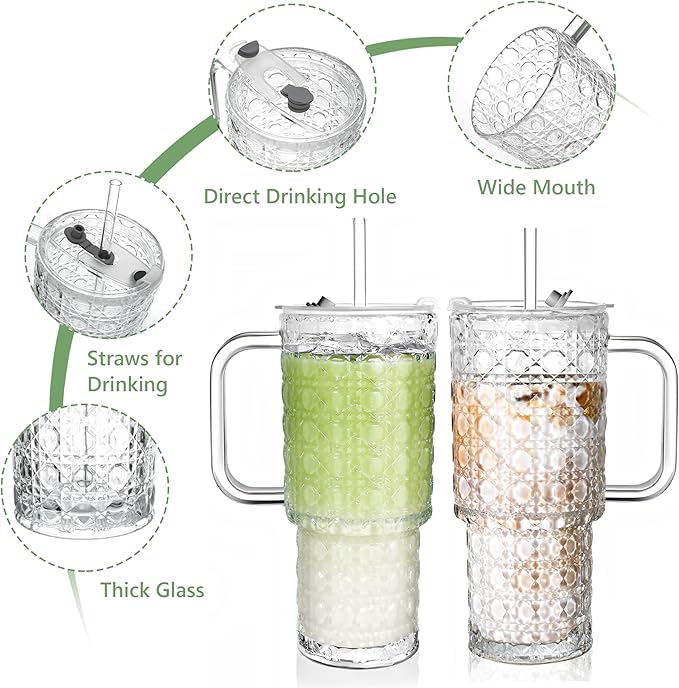 26oz Glass Cups with Lids and Straws,2 Pack Tumbler With Handle Mason Jar Wide Mouth Reusable Drinking Glasses with Lid and Straw Smoothie Tumbler Iced Coffee Beer Cup Travel Mug(Diamond)