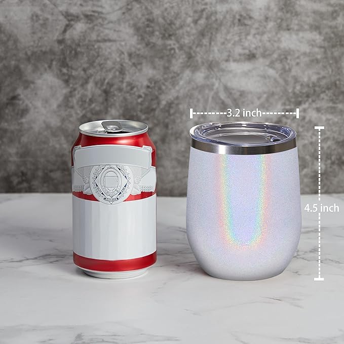 MEWAY 12oz/12 Pack Wine Tumbler Glasses with Lid - Stemless Double Wall Vacuum Stainless Steel Glitter Tumbler - Keeping Cold & Hot Cup for Coffee,Gift for Women(Rainbow White,Set of 12)