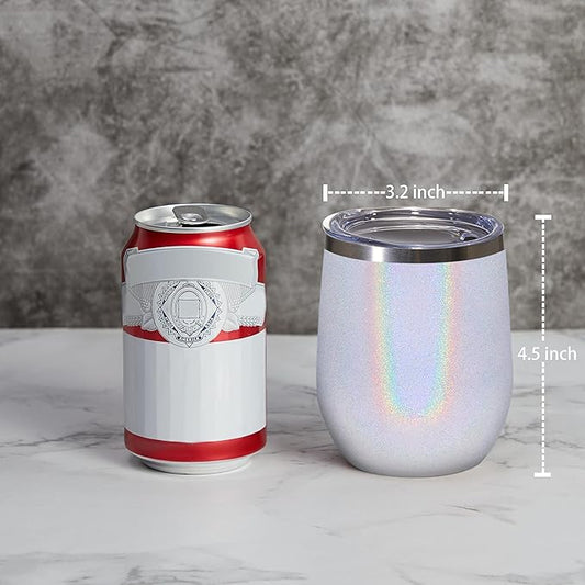 MEWAY 12oz/16 Pack Wine Tumbler Glasses with Lid - Stemless Double Wall Vacuum Stainless Steel Glitter Tumbler - Keeping Cold & Hot Cup for Coffee,Gift for Women(Rainbow White,Set of 16)