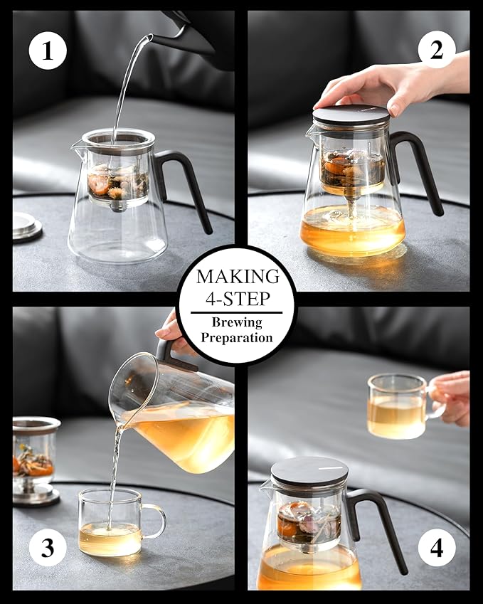 ZENS Magnetic Tea Pot, Enchanted Glass Teapot with Infuser and Magnetic Suction Lid for Mess-Free Loose Tea Diffusers, Black Walnut Pattern Handle, Tea Lovers Gifts