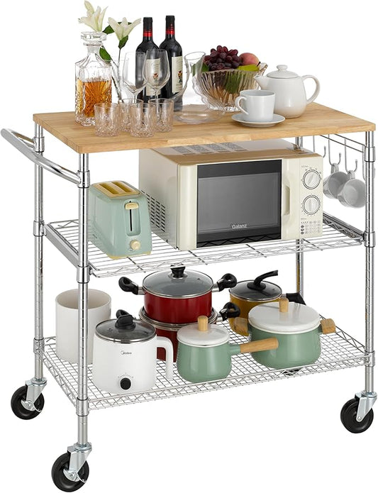 Finnhomy 3-Tier Rolling Kitchen Cart with 18" D x 36" W Oak Wood Tabletop, Kitchen Island Cart with 4" Wheels and Slider Shelf, Microwave Cart & Coffee Cart with Hooks for Dining Room, Chrome