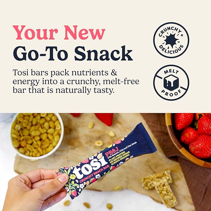Tosi Nut Bars, PB&J, Healthy Snacks for Adults & Kids, Plant Based Crunchy Bars (7G Protein), Organic Keto Snacks, Vegan, Gluten & Soy Free, Low Sugar, Omega 3s, 1oz, 12-Pack