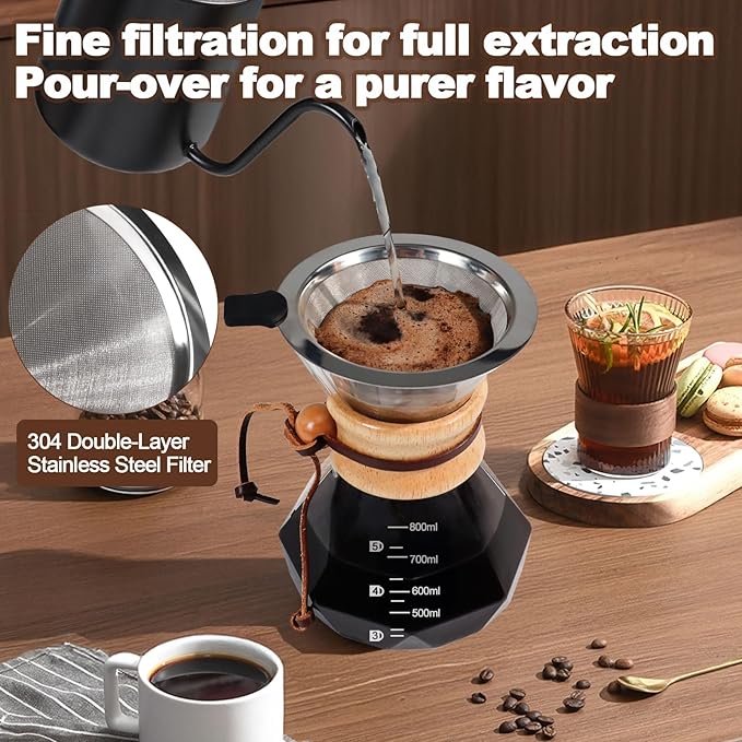 Pour Over Coffee Maker 800ml 27.1oz Glass Drip Coffee Maker with 304 Stainless Steel Filter High Borosilicate Glass Duckbill Spout Solid Wood Handle Pour Over Coffee Dripper for Daily Brewing