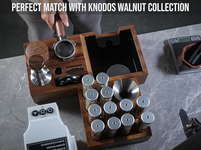 Single Dose Coffee Bean Storage Tubes Espresso Bean Cellar 12pcs One-Way Exhaust Valve Lids Glass Dosing Vials With Walnut Stand & Stainless Steel Funnel