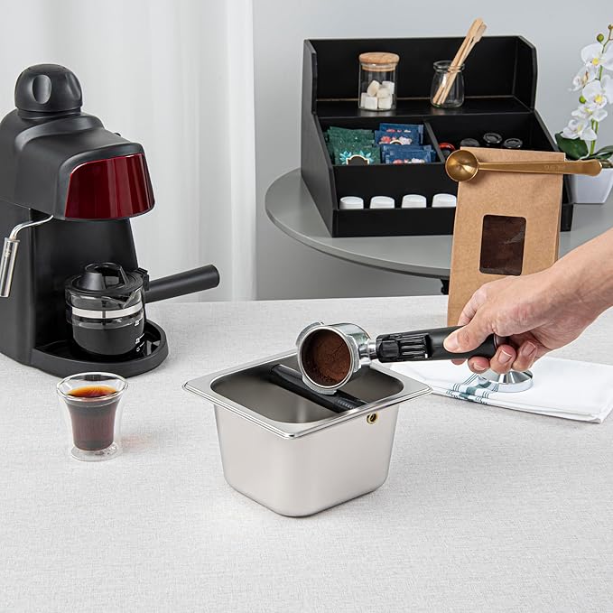 Restaurantware Restpresso 6.9 x 6.4 x 4 Inch Knock Box 1 Deep Tamp Box - Built-In Knock Bar Dishwashable Stainless Steel Barista Knock Box Durable For Coffee And Espresso Grounds