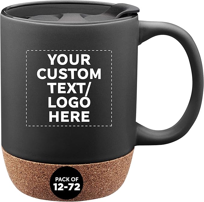 Custom Barista Ceramic Mugs with Cork Bottom 13 oz Set of 12/36/72 Personalized Bulk Pack Perfect for Coffee Tea Espresso Hot Cocoa Other Beverages - Black