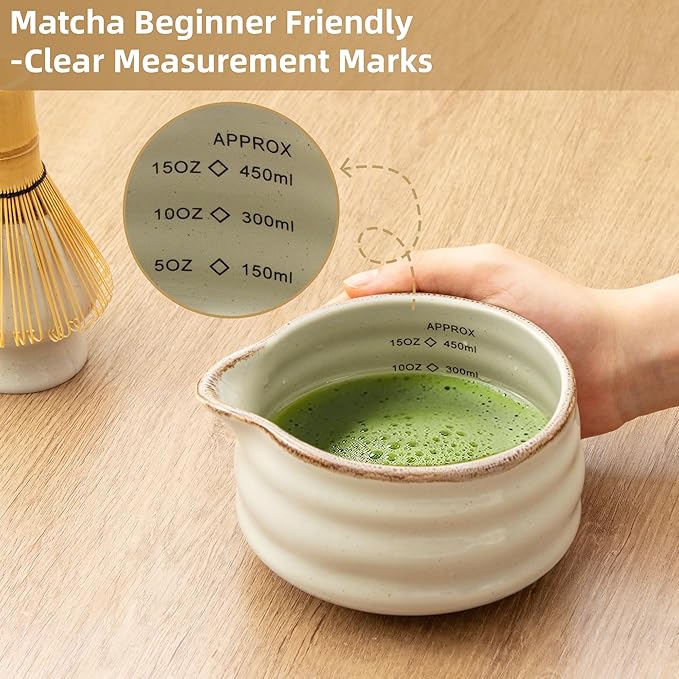 5pcs Premium Matcha Set,Ceramic Bowl with Spout and Bamboo Whisk set, Ceremonical Matcha Kit for breakfast/latte,Tea Starter Making Kit, Unique Christmas/Valentine Gift (Grey)