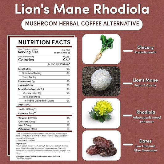Teeccino Lion’s Mane Rhodiola Coffee Alternative - Rose - Adaptogenic Herbal Mushroom Coffee, Medium Roast, Caffeine Free, Prebiotic, Acid Free, All-Purpose Grind - 10 Oz