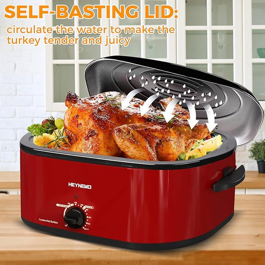20 Quart Roaster Oven，Electric Turkey Roaster Oven with Defrost & Warm Function, Adjustable Temperature, Removable Pan & Rack, Stainless Steel, Red