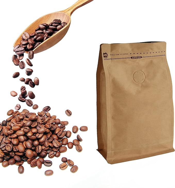 50 Pieces 8 Ounce Kraft Paper Stand Up Coffee Bag/Flat Bottom Pouch with Air Release Valve and Reusable Side Zipper. (50pcs, ½lb/8oz)