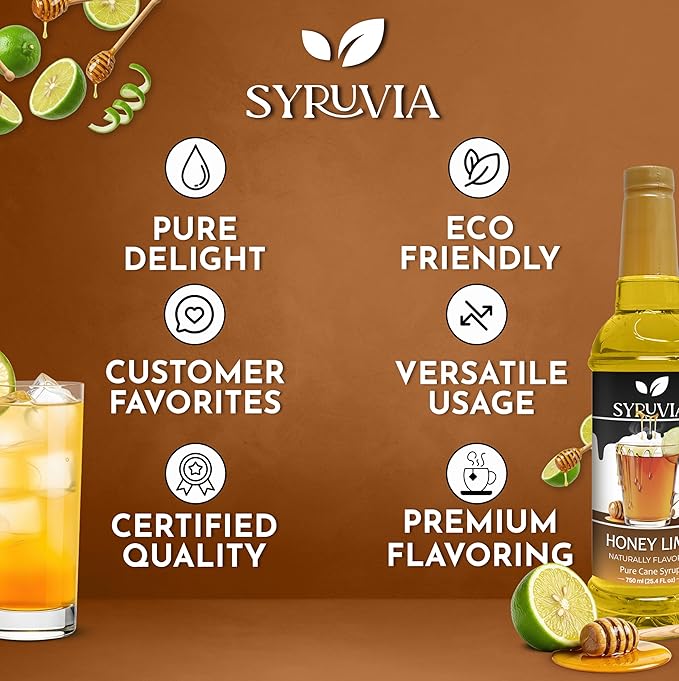 Syruvia Honey Lime Flavored Syrup for Drinks, Cocktails, Mocktails, Iced Teas and Desserts – 25.4 fl oz, With Pump