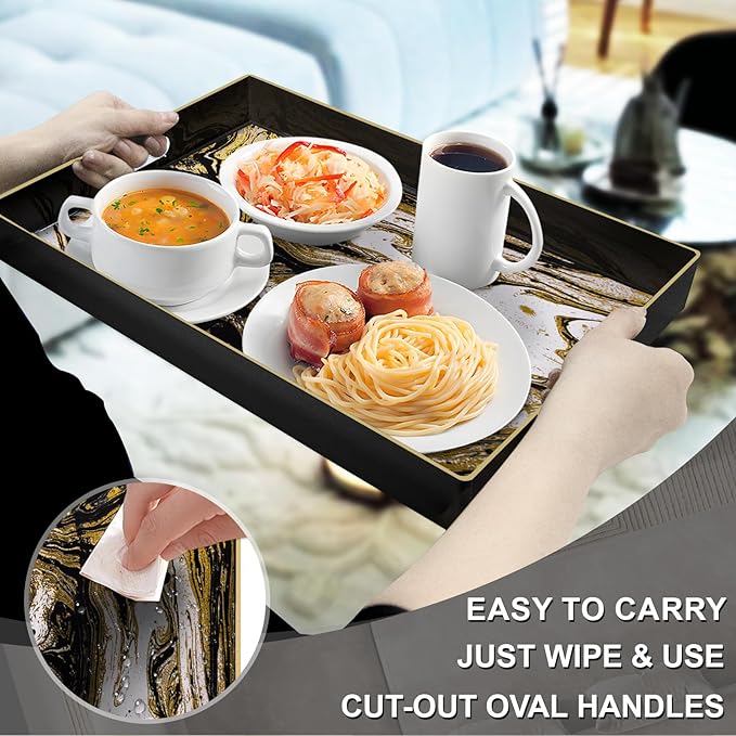 MAONAME Black Decorative Tray with Handles, Plastic Serving Tray for Coffee Table, Marbling Rectangular Tray for Ottoman, Bathroom, Storage, 15.7" Lx 10.2" W X 1.57" H