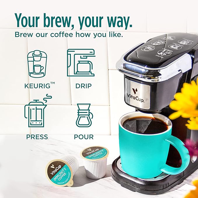 VitaCup Immunity Coffee Pods, Wellness Boost with Antioxidants, Echinacea, Probiotics, Vitamin C & D3, Medium Dark Roast, Single Serve Pod Compatible with Keurig K-Cup Brewers,32 Ct