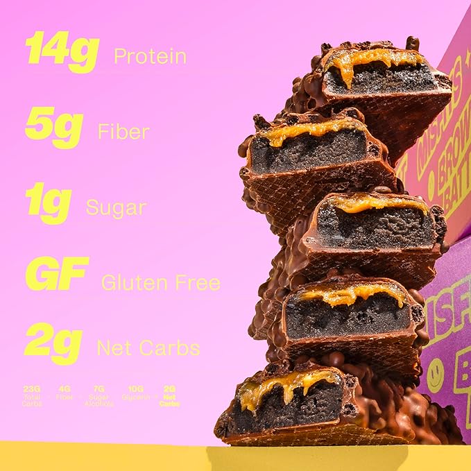 Misfits Vegan Protein Bars - Fudgey Brownie Batter| Nutrition Bars - 14g Protein, 1g Sugar, Plant-based, Low Carb, Non-GMO, Gluten Free Snacks | Pack of 12
