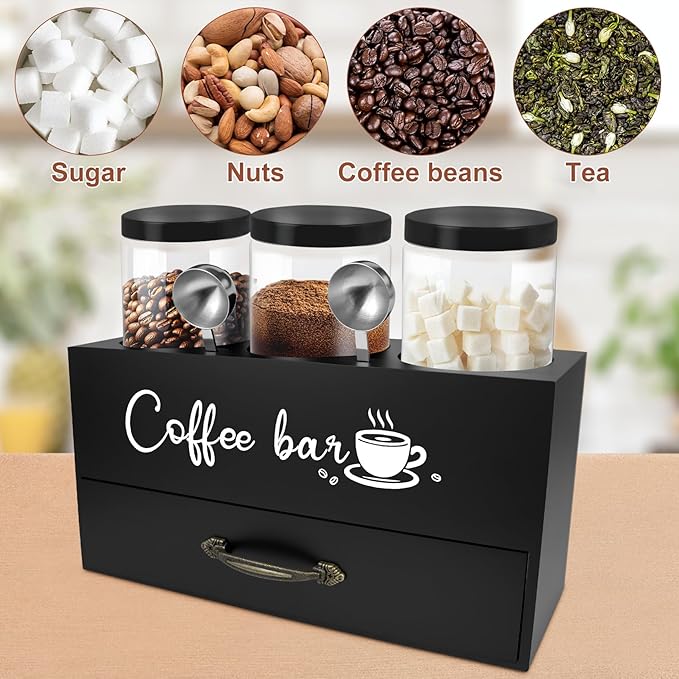 54 oz Coffee Canister Set with Shelf, Coffee and Sugar Container Set of 3 Canisters Sets for Kitchen Counter, Plastic Coffee Bean Storage Container with Scoop (Black - Drawer)