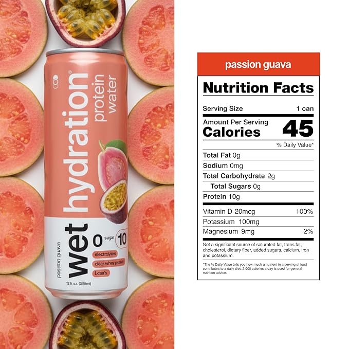 Wet Hydration | Functional Wellness Water, Non-Carbonated - Passion Guava (12 fl. oz. / 355ml Cans, Pack of 12) - Zero Calorie Hydration Drink with Electrolytes, Clear Whey Protein, BCAAs, Protein Water, No Sugar, No Artificial Ingredients