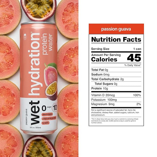 Wet Hydration | Functional Wellness Water, Non-Carbonated - Passion Guava (12 fl. oz. / 355ml Cans, Pack of 12) - Zero Calorie Hydration Drink with Electrolytes, Clear Whey Protein, BCAAs, Protein Water, No Sugar, No Artificial Ingredients
