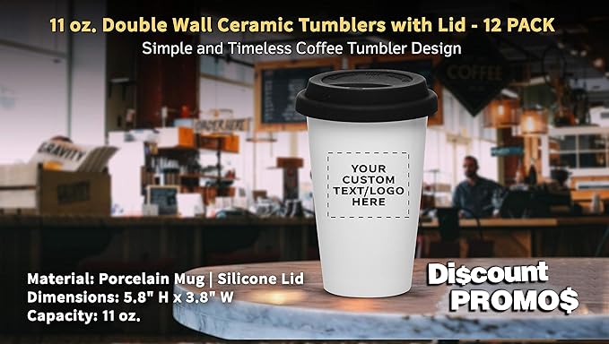 Personalized 11 oz. Double Wall Ceramic Tumblers with Lid - 12 Pack - Custom Text, Logo - Black