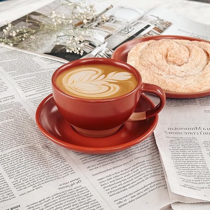 MORA Ceramic Latte Art Mug With Saucer - 10.5 oz, Round Bottom For Perfect Pours - Cafe Cups for Cappuccino, Espresso, Coffee, Tea etc - Porcelain Set for Baristas, Great Gift - Crimson Red