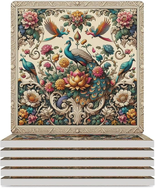 Peacock Drink Coasters, Square Ceramic Drink Coaster Square-6PCS, Beautiful Plant Colorful Floral Peacock Boho Peacockr Absorbent Ceramic Coasters for Beverage Cup, Bar, Coffee Table