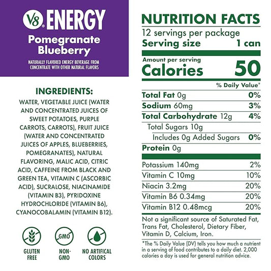 V8 Energy Pomegranate Blueberry Energy Drink, 8 fl oz Can (12 Pack)