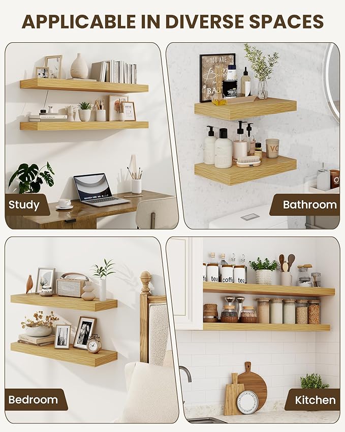 Marsmiles 40" Floating Shelves for Wall, Wooden Shelves with Invisible Brackets Set of 2, Rustic Farmhouse Wall Mounted Shelf for Kitchen Bathroom Living Room Study, Natural Oak