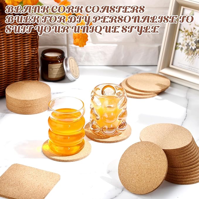 Layhit Cork Coasters for Drinks Absorbent Cork Trivets 4 Inch Bulk Blank Coasters for Kitchen Office Dishes Plate Wine Glass Cup Cottage DIY Crafts(300 Pcs,Square and Round)