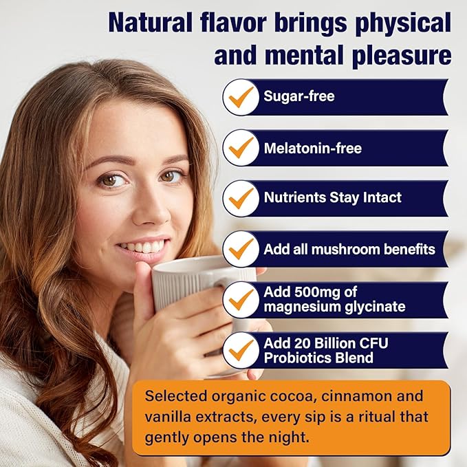 Mushroom Hot Cocoa with Magnesium Glycinate, Reishi, L-Theanine, Ashwagandha, Lemon Balm, Lavender, Cacao Powder Organic Hot Chocolate Supplement for Sleep, Relaxation, No Melatonin, Vegan, 7.4oz