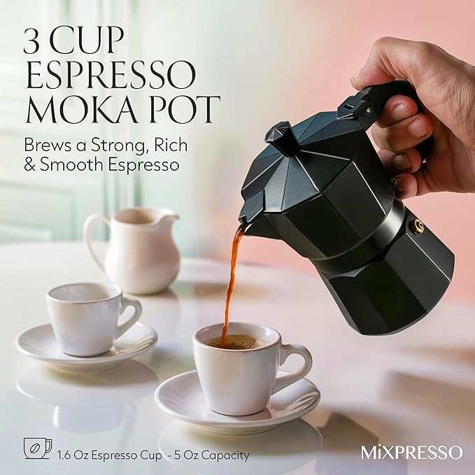 Mixpresso Black 3 Cup Moka Pot Cuban Coffee Maker, Moka Pot for Gas, Electric Stove Top, Classic Italian Coffee Maker, Stovetop Espresso Maker, Camping Pot Makes 3 Espresso Cup 5 Oz