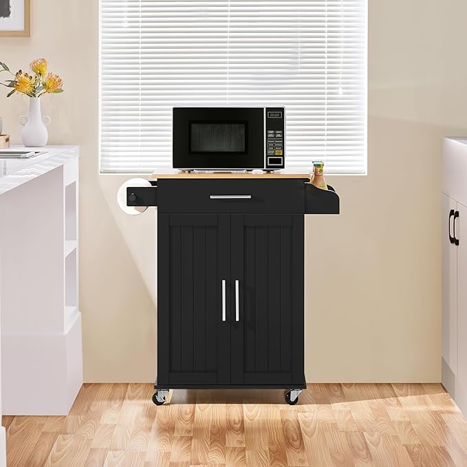 Yaheetech Kitchen Island on Wheels with Storage Cabinet, Rolling Kitchen Cart with Bamboo Top & Drawer & Spice Rack Towel Bar, Microwave Stand Cart for Kitchen/Dining Room, Black