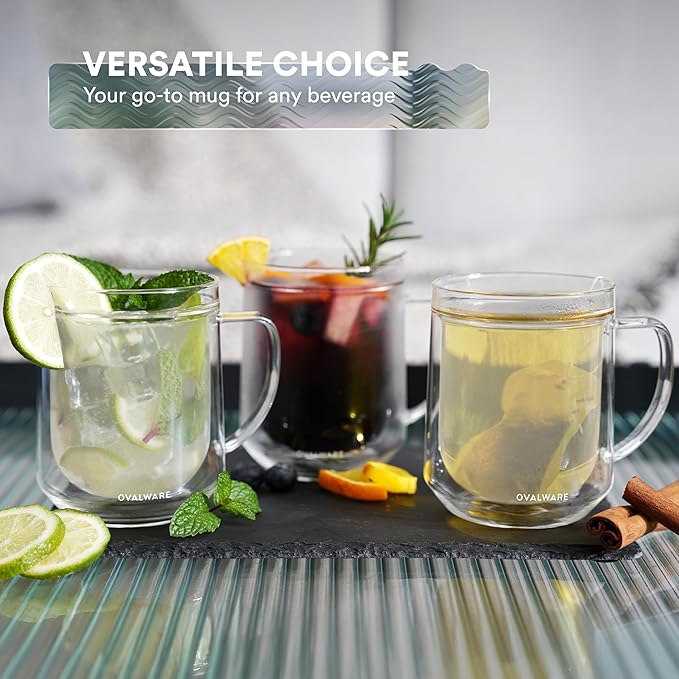 ovalware 500ml Double Wall Glass Coffee Mugs, Single Lip Mugs Made of Durable Borosilicate Glass, Insulated Coffee Mug with Handle for Hot and Cold Drinks - Frost White