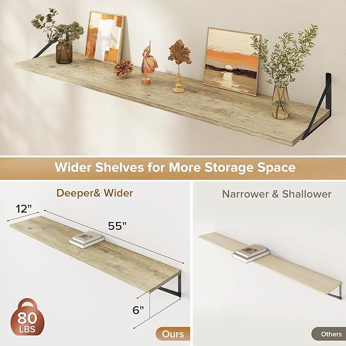 Deep Floating Shelves Wall Mounted, 55"x12" Gray Wall Shelves with Brackets Set of 2 for Bedroom, Living Room, Bathroom, Kitchen, Office - Storage & Display Shelf for Decor, Books, Plants