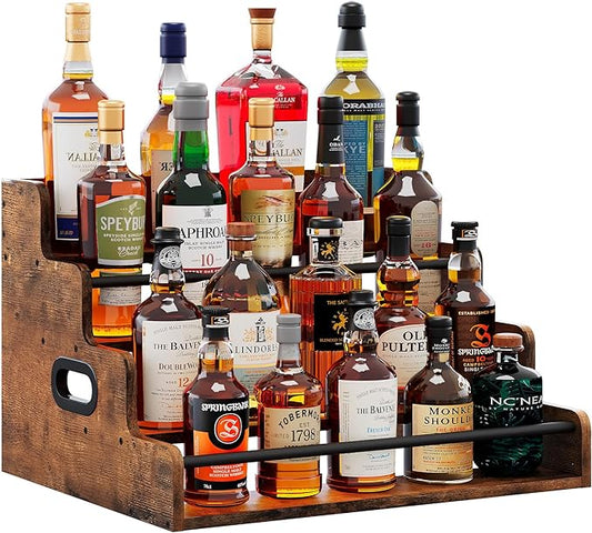 LIVELYGLOW 19.6”W x 15.74" D x 12.5" H Inches Versatile 4-Step Coffee Syrup & Water Bottle Organizer Rack Multi-Functional Retro Display Shelf for Kitchen or Bar, Holds Liquor & Spirits, Wooden