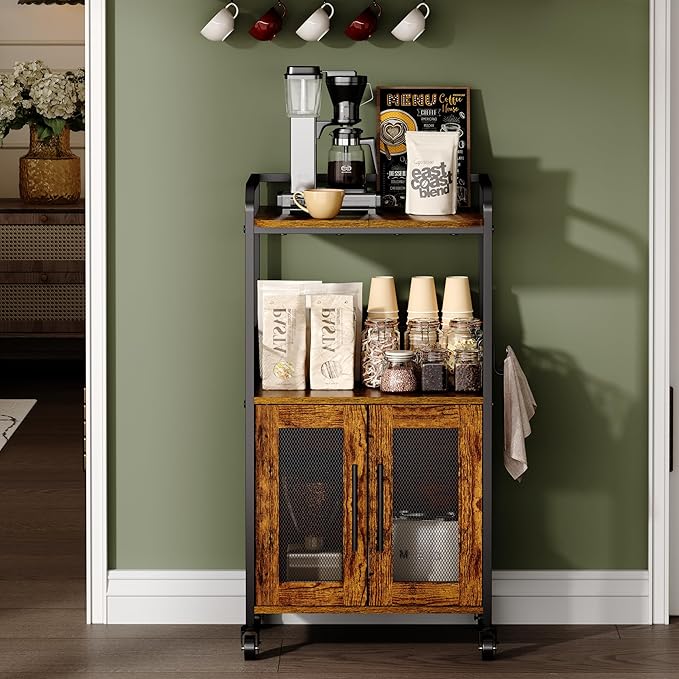 Small Coffee Bar Cabinet with Storage, 3-Tier Rolling Coffee Bar Table, Farmhouse Coffee Cart Station with 2 Doors for Living Room, Dining Room, Rustic Brown