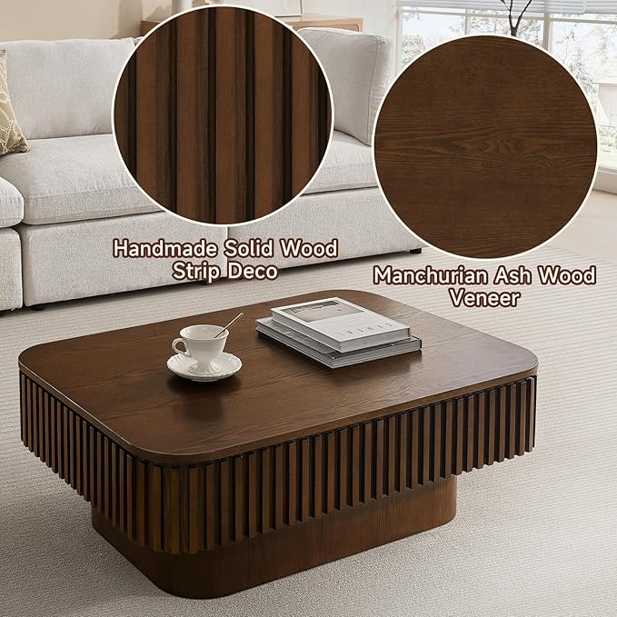 SZTHHDF Lift Top Coffee Table for Living Room,Rectangle Handmade Solid Wood Strips, Fluted Coffee Table with Hidden Storage Compartment Small Space Office Apartment (38.6" L×26.8''W×13.8''H-Walnut)