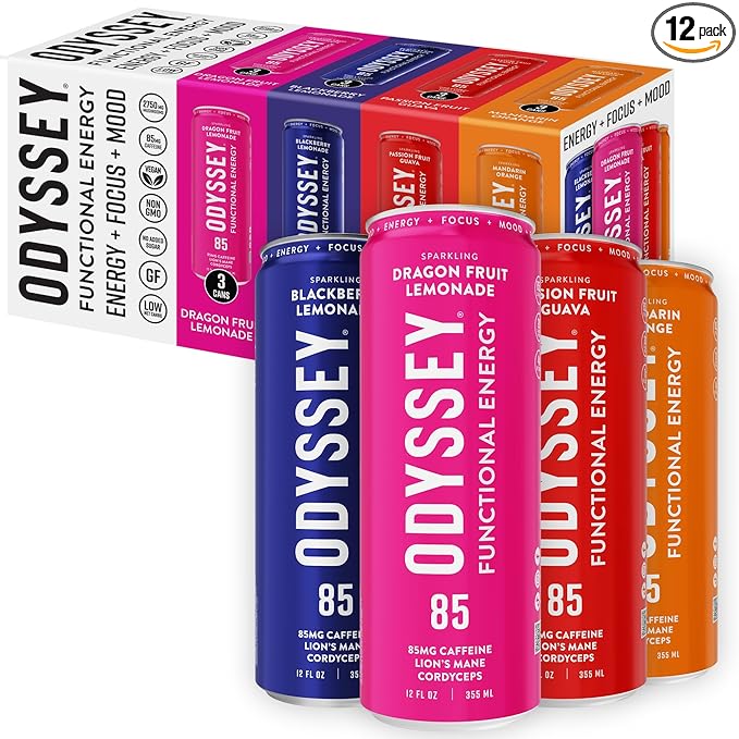 Odyssey Functional Energy Drink for Focus, Cognition & Mood Support 12 Pack - Adaptogenic Drink with 85mg Green Tea Caffeine, Lion’s Mane, Cordyceps, L-Theanine & Ginseng, Variety Pack