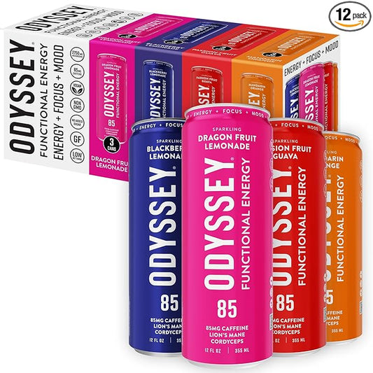 Odyssey Functional Energy Drink for Focus, Cognition & Mood Support 12 Pack - Adaptogenic Drink with 85mg Green Tea Caffeine, Lion’s Mane, Cordyceps, L-Theanine & Ginseng, Variety Pack