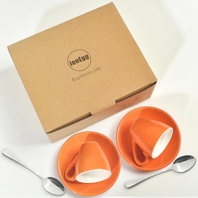 ionEgg Porcelain Espresso Cup with Saucer And Stainless Steel mini Spoons, Espresso shot Cup, 80ml/2.7Oz, Pack of 2, Orange