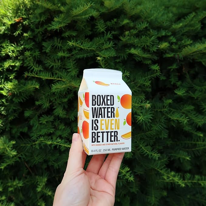 Mango Boxed Water 8.5 oz. (24 Pack) – Better Than Premium Plastic, BPA-Free, Refillable Cartons, Sustainable Alternative, Mini Carton for Kids, Lunchbox Ready