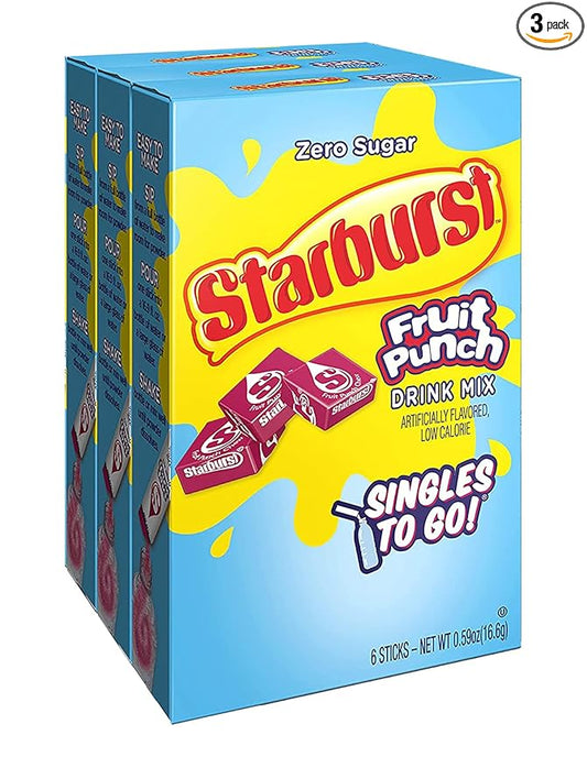 Starburst Singles To Go Powdered Drink Mix, Fruit Punch, 3 Boxes with 6 Packets Each - 18 Total Servings, Sugar-Free Drink Powder, Just Add Water, 6 count (Pack of 3)