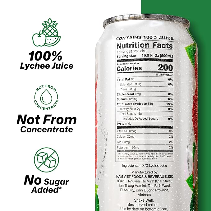 VINUT 100% Lychee Juice, No Added Sugar, Not From Concentrate, 16.9 fl oz (500 mL) Can, Pack of 6