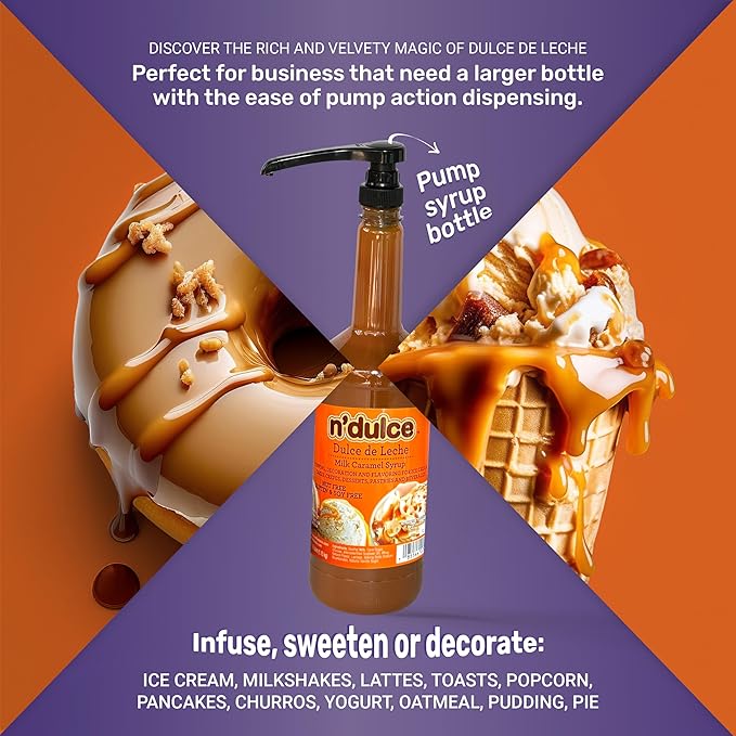 N’DULCE Dulce De Leche Syrup, Caramel Syrup for Coffee, Caramel sauce, Light Texture and Rich Flavor, Gluten-free, Nut-free, Pourable Syrup for Beverages, Desserts & Pastries - 1.15 Lt