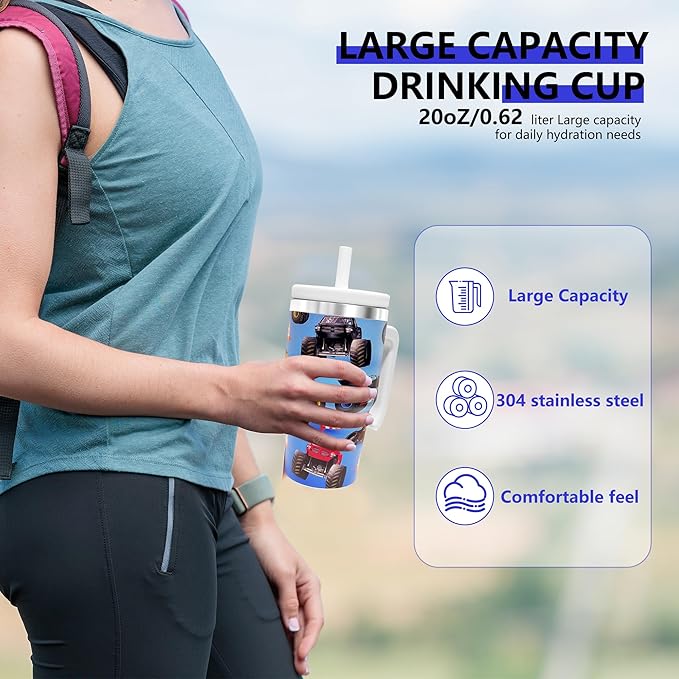 20-OZ Insulated Water Bottle,Insulated Stainless Steel Tumbler,Reusable Cold Drink Thermos,BPA-Free, Double-Wall Stainless Steel Water Bottle (Light blue-Monster truck, 20, Fluid Ounces)