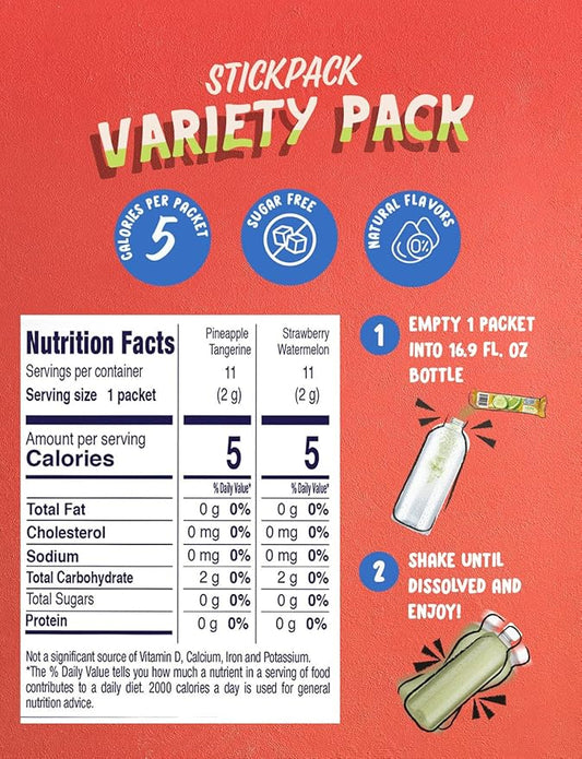 Klass Aguas Frescas, Powdered Drink Mix Variety Pack, 44 Singles Zero Sugar & Caffeine-Free Powder Packets, Water Drink Mix, Flavors: Cucumber Limeade Pineapple Tangerine Strawberry Watermelon & Hibiscus Berries - 5 Calories Per Packet & Natural Flavors