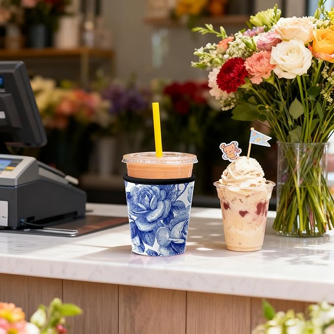 Blue Rose Floral Iced Coffee Sleeve Set chinoiserie blue blue floral coffee sleeve Set of 3 Fits 16oz 24oz 30oz Cups Vintage Botanical Pattern Insulated Coffee Sleeve for Women & Gifts