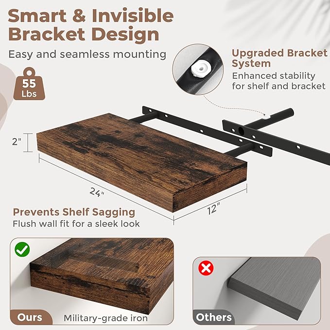 12" Deep Floating Shelves for Wall with Invisible Brackets, Wall Mounted Engineered Wood Shelves with Wood Grain for Living Room, Bedroom, Kitchen Decor and Storage, 24"L Set of 2, Rustic Brown