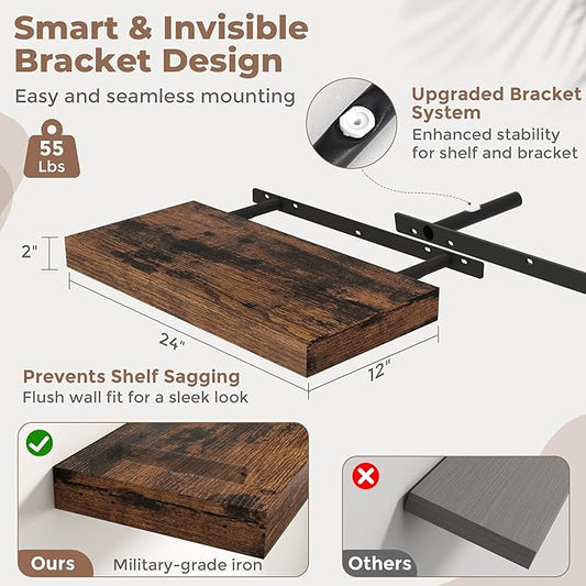12" Deep Floating Shelves for Wall with Invisible Brackets, Wall Mounted Engineered Wood Shelves with Wood Grain for Living Room, Bedroom, Kitchen Decor and Storage, 24"L Set of 2, Rustic Brown